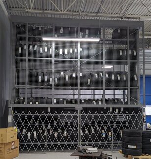 Parts departmnet storage.  Tech workstations and tool boxes.  Tire Carousels